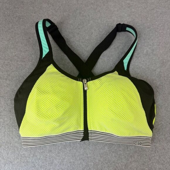 Victoria's Secret Sport VSX‎  Zip Front Sports Bra Size 34C Neon Yellow & Black - Picture 1 of 13
